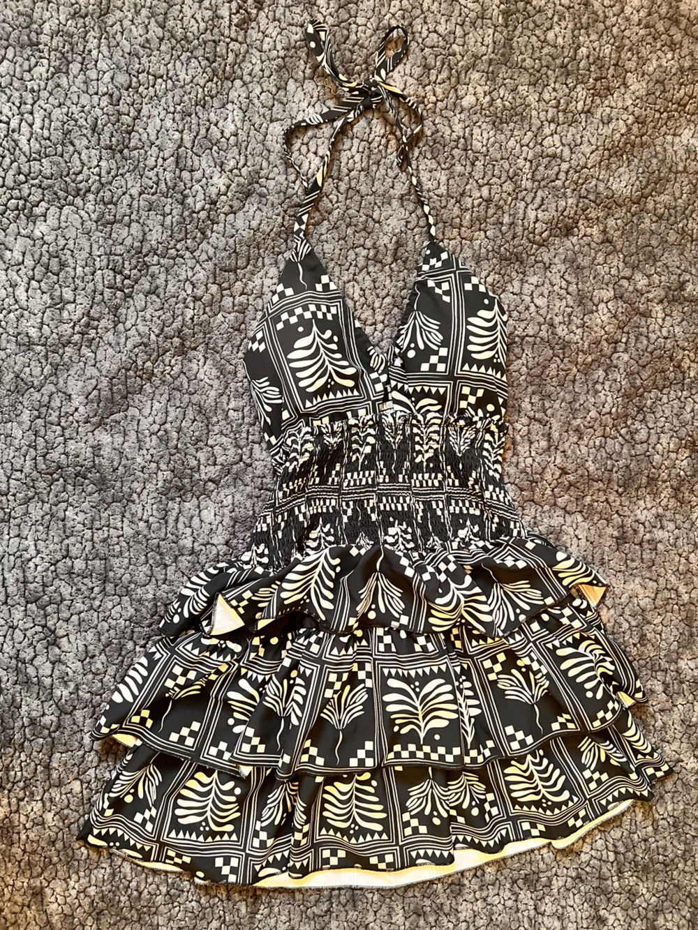 Backless Black & Cream Printed Smocked Sundress